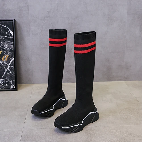 Black Red Модные сапоги г. Новые осенние сапоги женские ботфорты сапоги на Плоском Каблуке черные сапоги без застежки брендовые сапоги на высокой платформе - Цвет: Black Red