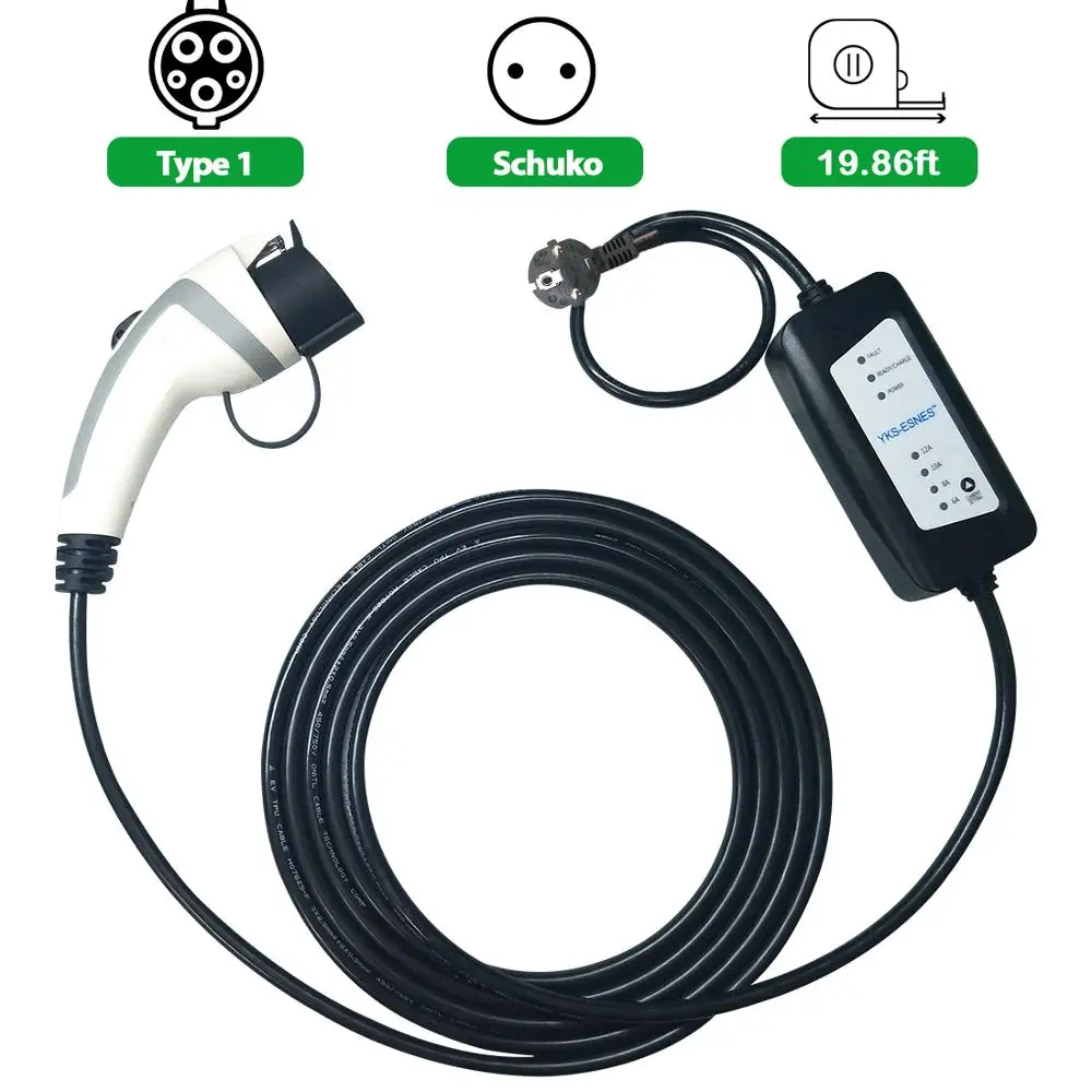 YKS-ESNES J1772 зарядки EVSE 5 м кабель 6A 10A 12A adustable schuko Разъем для ev Тип зарядного устройства 1