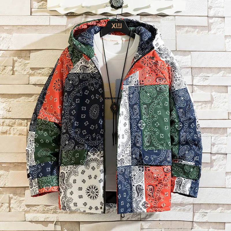 2021 winter new loose cashew flower thickened hooded padded jacket men's  printing casual padded jacket men