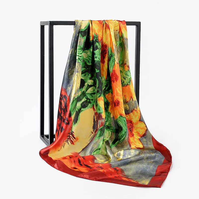2021 Модный Шелковый атласный шейный платок для женщин хиджаб с принтом шарфы