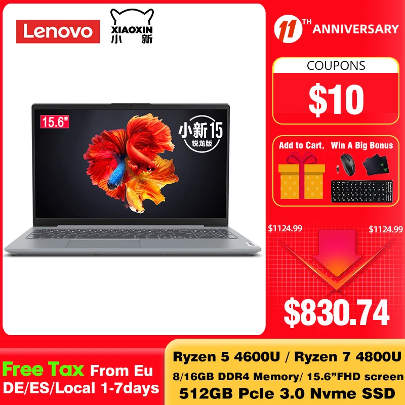 Ноутбук Lenovo Xiaoxin 15 6 дюйма AMD Ryzen R7 4800U R5 4600U 512 ГБ SSD 16 Гб DDR4 Windows 10 ноутбук с