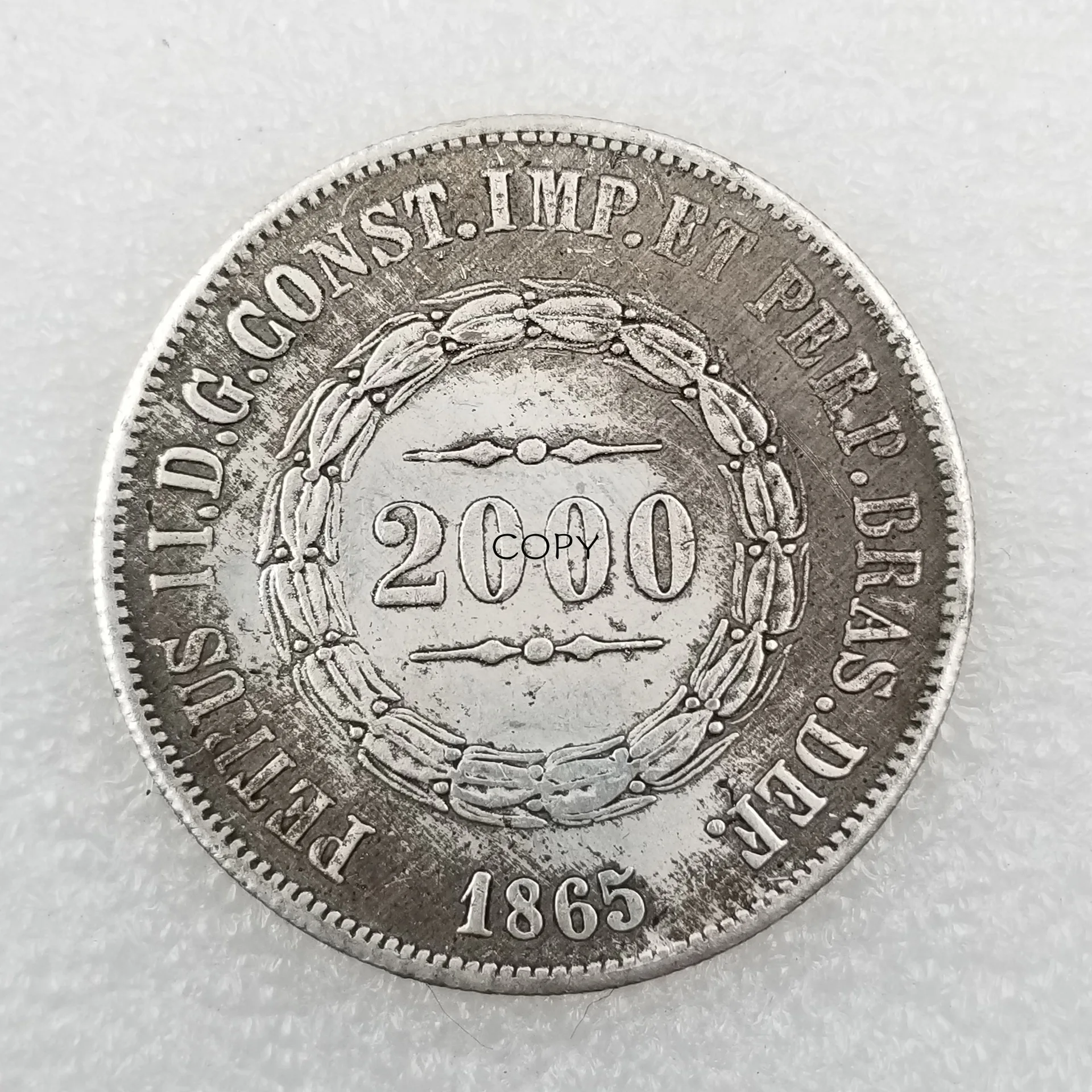 

Antique Crafts 1865 Brazilian Brass Silver-plated Distressed Silver Coin #0113