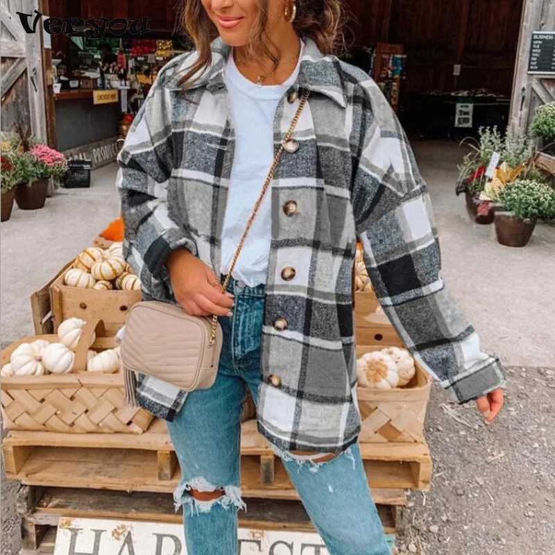 

Hot Sale Women Fashion Plaid Shirt Jackets Turn-down Collar Autumn Oversized Jacket Fashion Loose Coat Streetwear Female Outwear