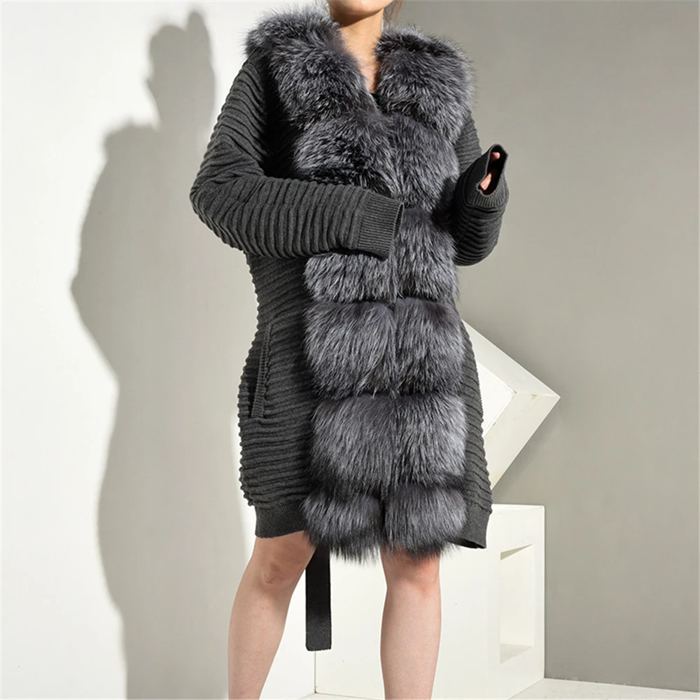 TOPFUR Fashion Gray Knitted Coat With Belt Full Sleeves Real Fur Coat Women Natural Silver Fox Fur Coat With Fox Fur Collar enlarge