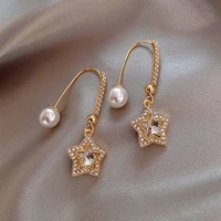 2021 new korean fashion hook pearl crystal five pointed star earrings for women luxury party jewelry girls unusual sexy earrings