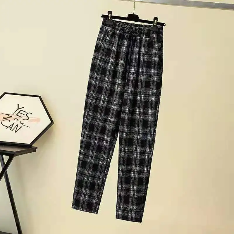 

Straight-Leg Pants Women Winter Plus Velvet Thick Plaid Loose Casual Trousers 200 Pounds Fat Sister Harem Pants Female