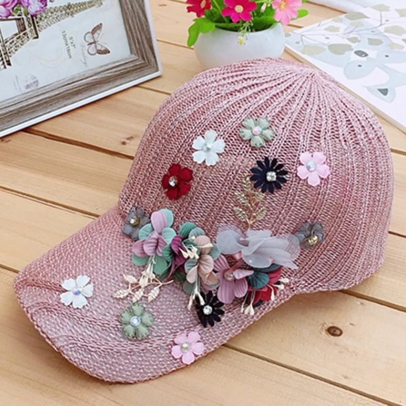 

Elegant Women's Baseball Cap Hot Diamond Flower Girls Snapback Hats Woman Female Cap Mesh Summer Sun Hat