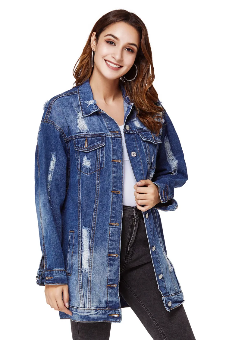 

Ripped Jean Jacket Outwear Turn-Down-Collar Women Coats Loose Female Blue Feminine Fashionable Streetwear