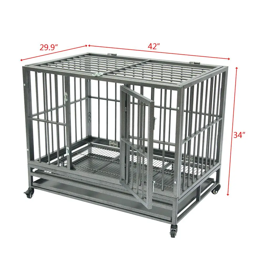 

42 inch Pet Dog Cage House with Tray Secure Dog Metal Crates Double-Door Kennel Dog House for Small Large Dogs with Wheels