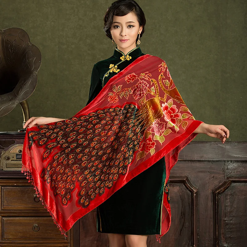 

Women Wedding Shawl Sequined Shrug Wraps Elegant scarf Cheong-sam Shawl Silk Velvet Scarf Mujeres Bufanda