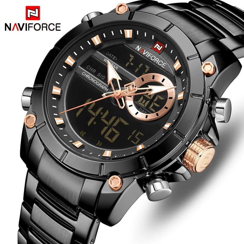 

NAVIFORCE Top Brand Men Fashion Stainless Steel Dual Display Watch Mens Analog Digital Sport Quartz Watches Relogio Masculino