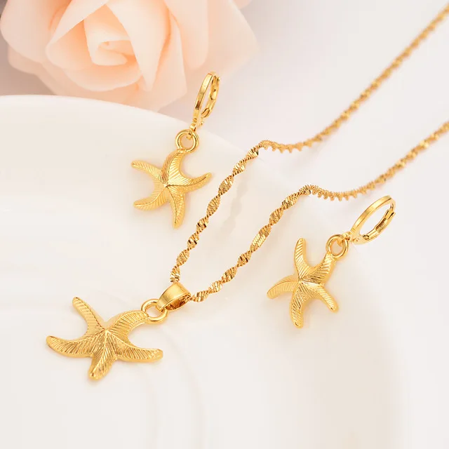 

18 K Solid G/F Gold starfish Pendant Necklace earrings pentagon jewelry for Women Papua New Guinea young party Gift