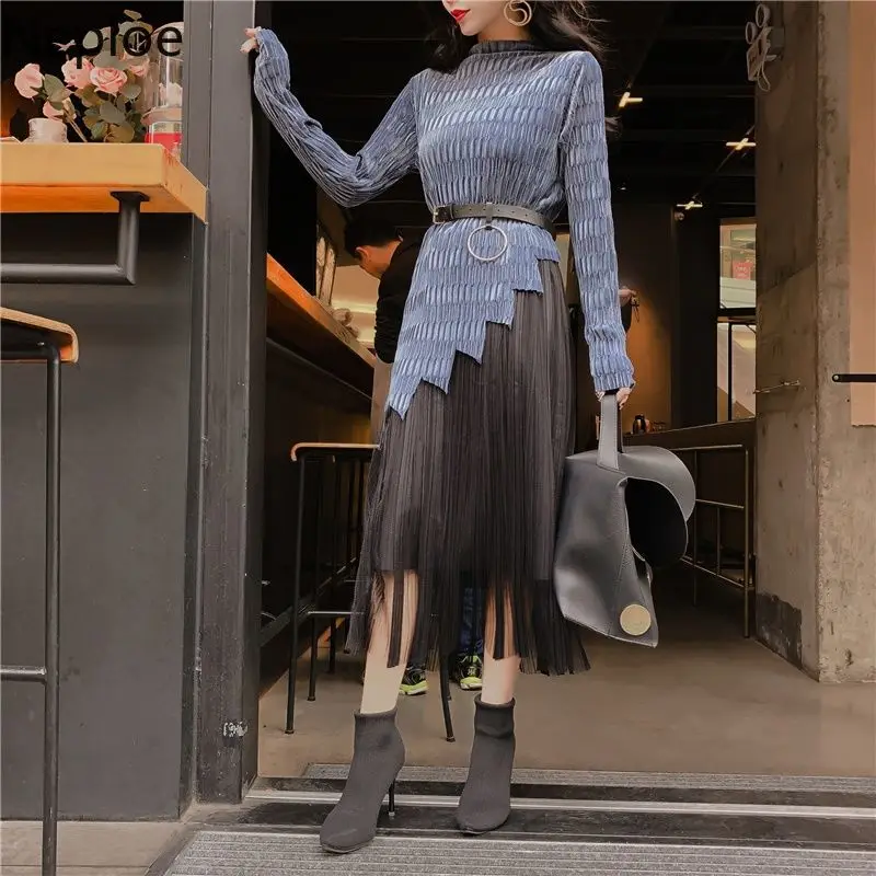 Neploe одежда для зимы и осени chandal Velet тонкий пояс Топ + Высокая талия сетчатая юбка в