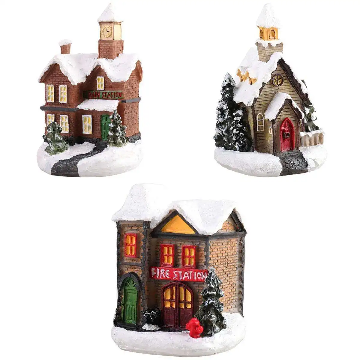 

3 Pieces Resin Mini Christmas Snow House LED Light Miniature Village Dollhouse Christmas Gift Home Decoration