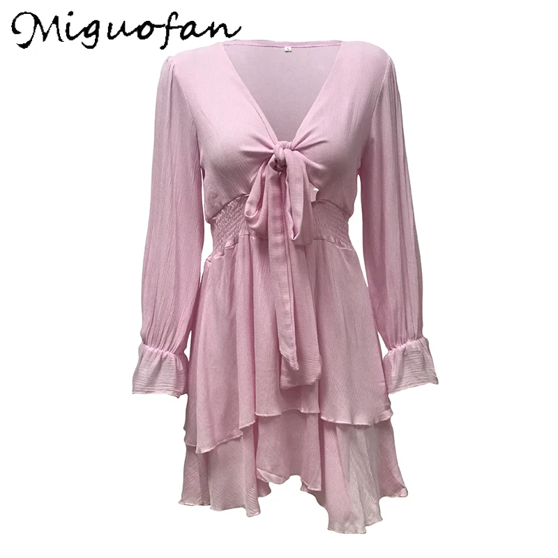 

Miguofan Romantic Ruffles Mini Dress Women Summer White V Neck Bow Tied Elegant Ladies Party Vestidos Dresses Female 2021 New