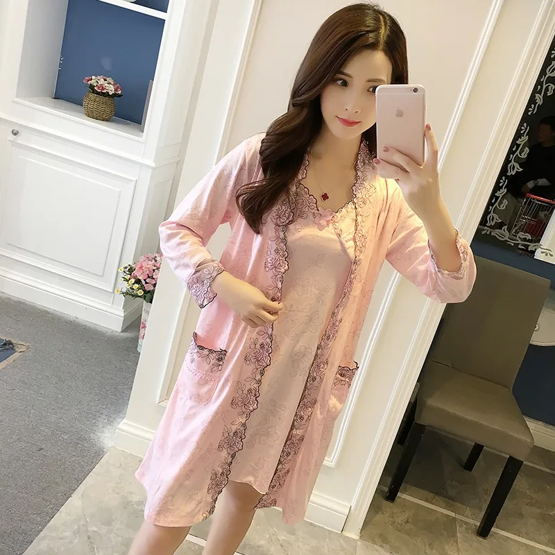 Комплект пижамный женский из размера плюс хлопка кружевной халат с длинным