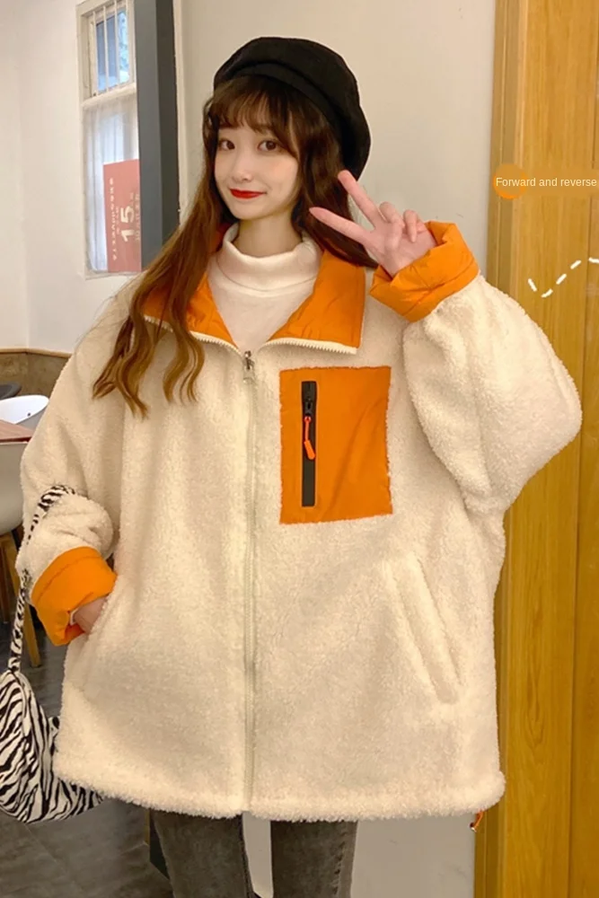 

Lamb Wool Coat for Women Autumn and Winter Wild Plush Warm-Keeping Cotton Clothing 2020 New Loose Stitching Reverse Top