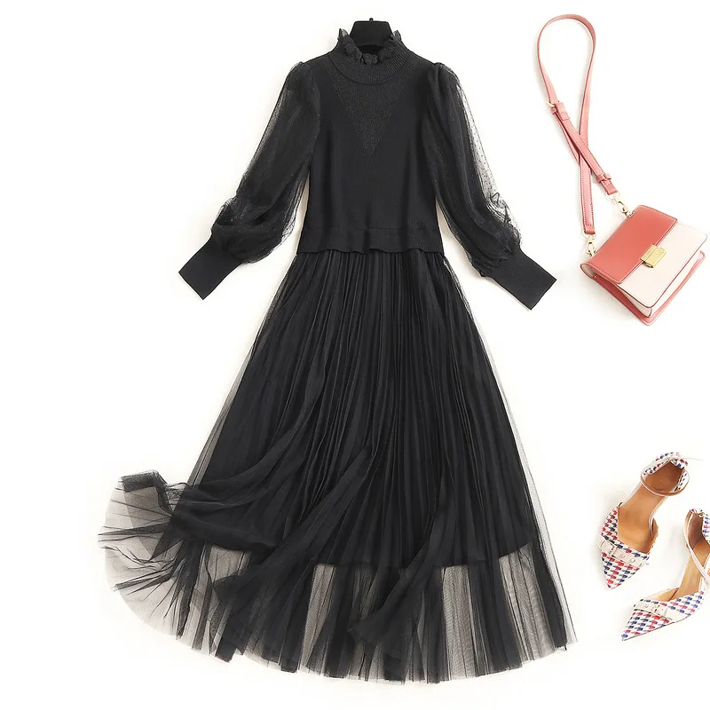 

Женское вязаное платье-свитер с рукавами-фонариками, черное платье в готическом стиле, вечерние ень-зима 2021