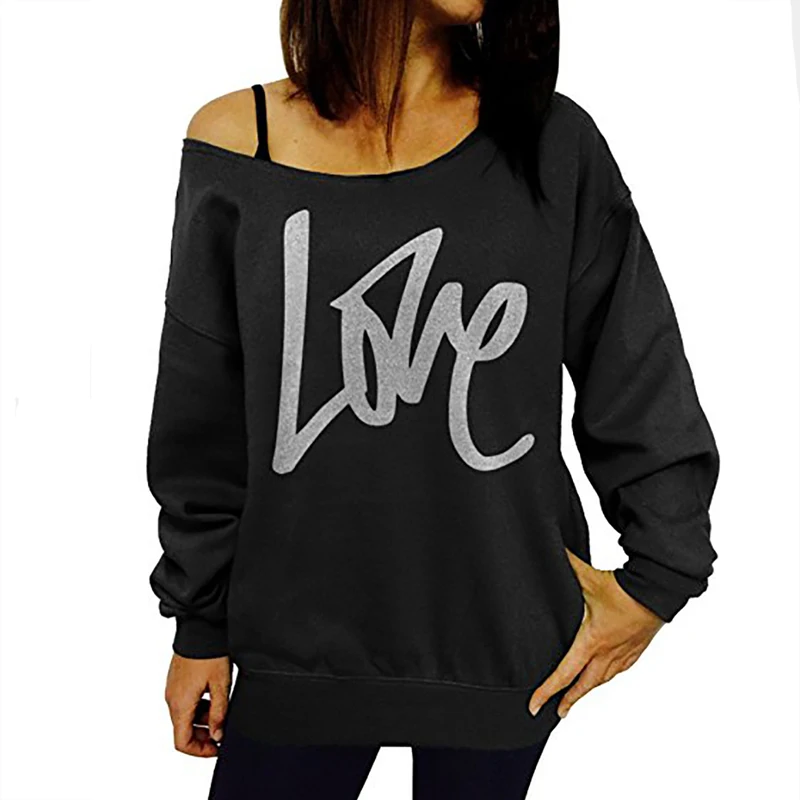 

Autumn fashion casual letter print long-sleeved shirt sexy leaking shoulder shirt women's clothing