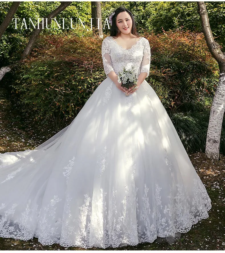 

2023 Lace Embroidery Half Sleeve Wedding Dresses Long Train Wedding Gown V Neck Elegant Plus Size Vestido De Noiva