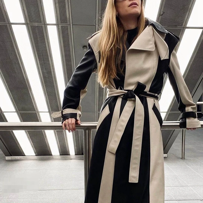 

European Style Women Coats Fashion 100% Sheepskin Genuine Leather Long Real Sheepskin Windcoat Female Double Breasted Coat H802