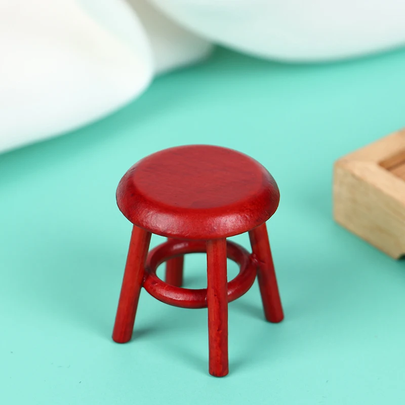 

New Arrival 1:12 Dollhouse Miniature Red Wood Round Stool Chair Model Furniture Decor Toys