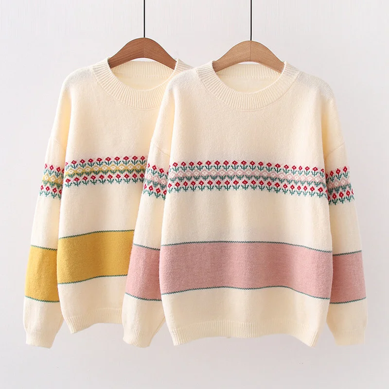 

Women's Round Neck Sweater Autumn New College Style Color Contrast Knitted Top Loose Pullover Sweater Harajuku Sweater