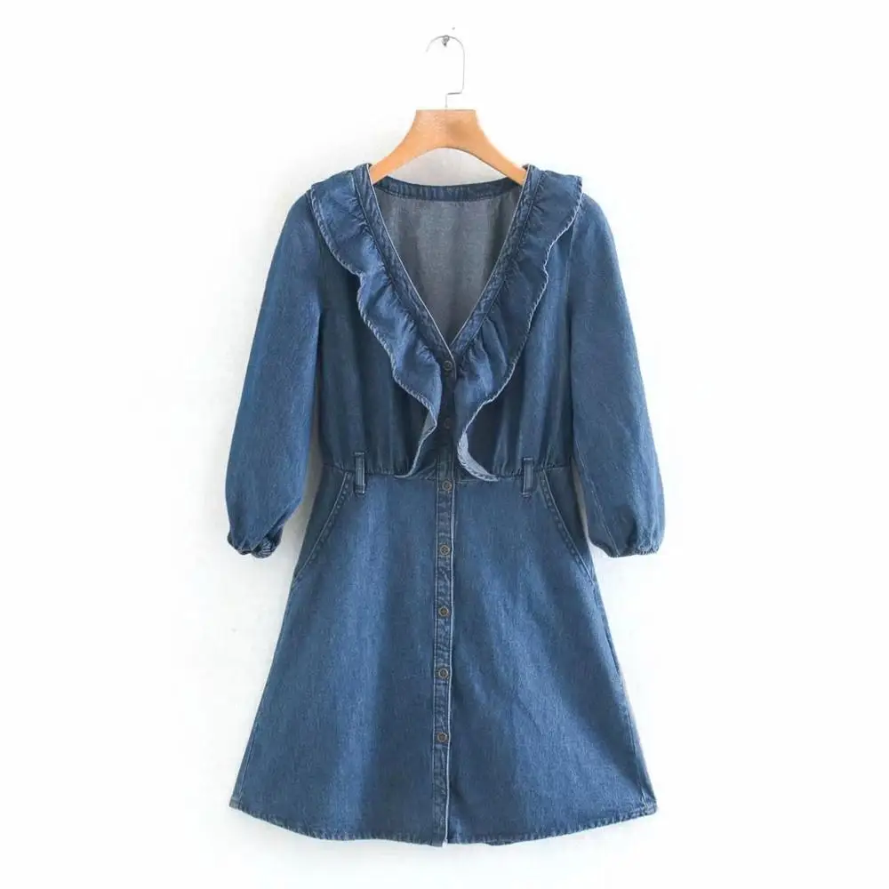 Женское винтажное джинсовое мини-платье с V-образным вырезом оборками и рукавом