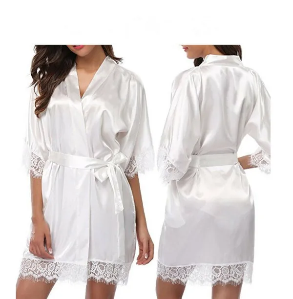 Женские шелковые халаты чистого цвета атласные Короткие кимоно свадебное платье