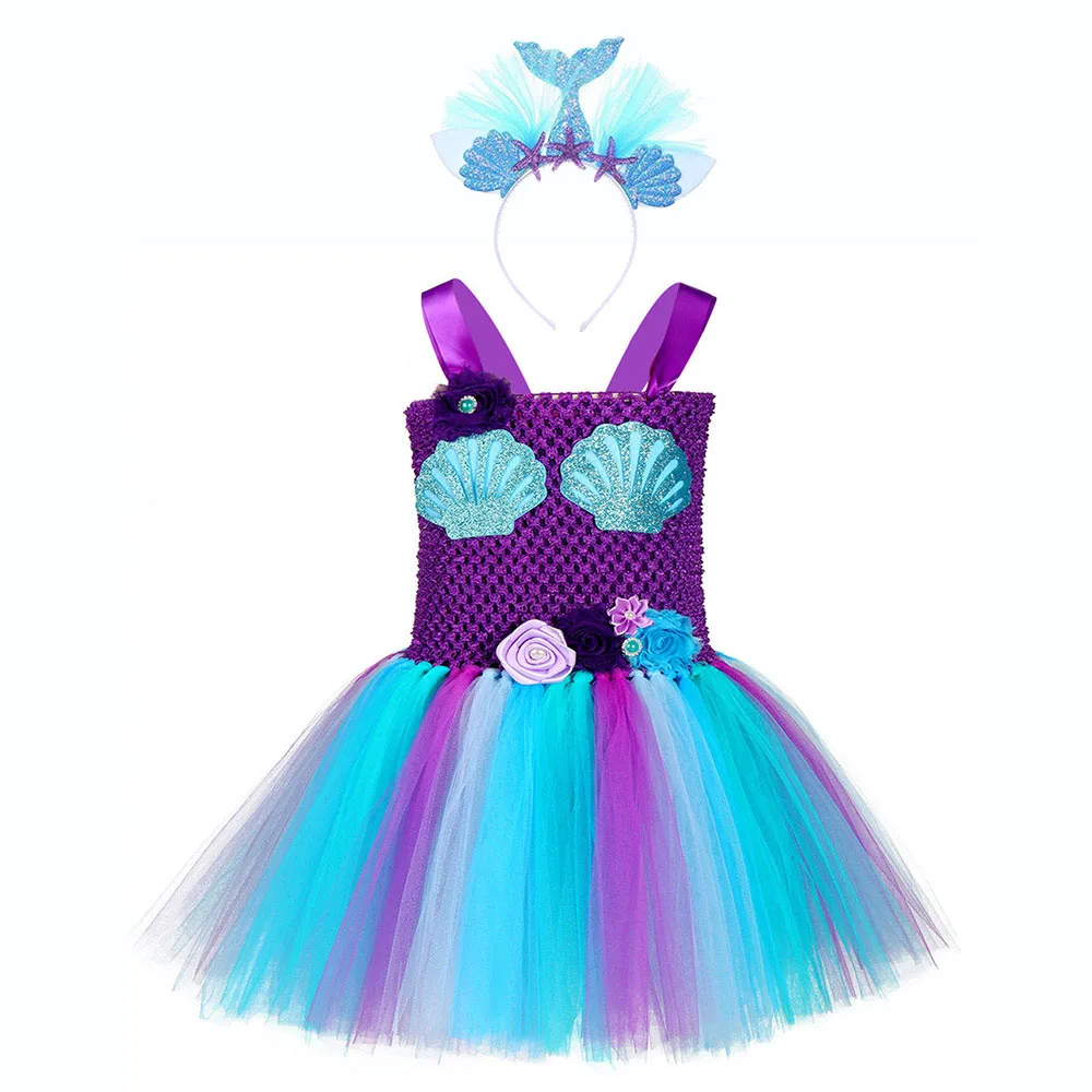 Mermaid Dress 1 Милые свадебные платья русалки для девочек, рождественское платье с рисунком ракушек детская юбка-пачка в стиле Русалочки, платье принцессы Ариэль комплект с повязкой на голову с блестками - Цвет: Mermaid Dress 1