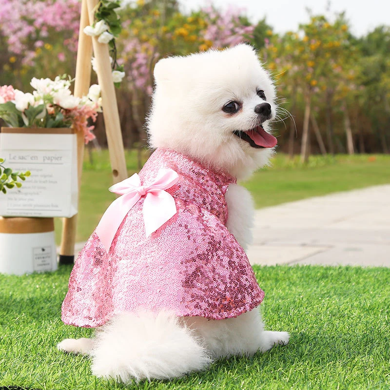 

Summer Pet Clothes Sequin Dog Dress for Small Dogs Skirt Princess Dog Wedding Dresses Yorkie Bow Tie Clothes for Dogs Cat Dress