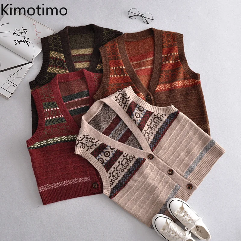 Винтажный вязаный свитер Kimotimo жилет Женский Повседневный шикарный в стиле