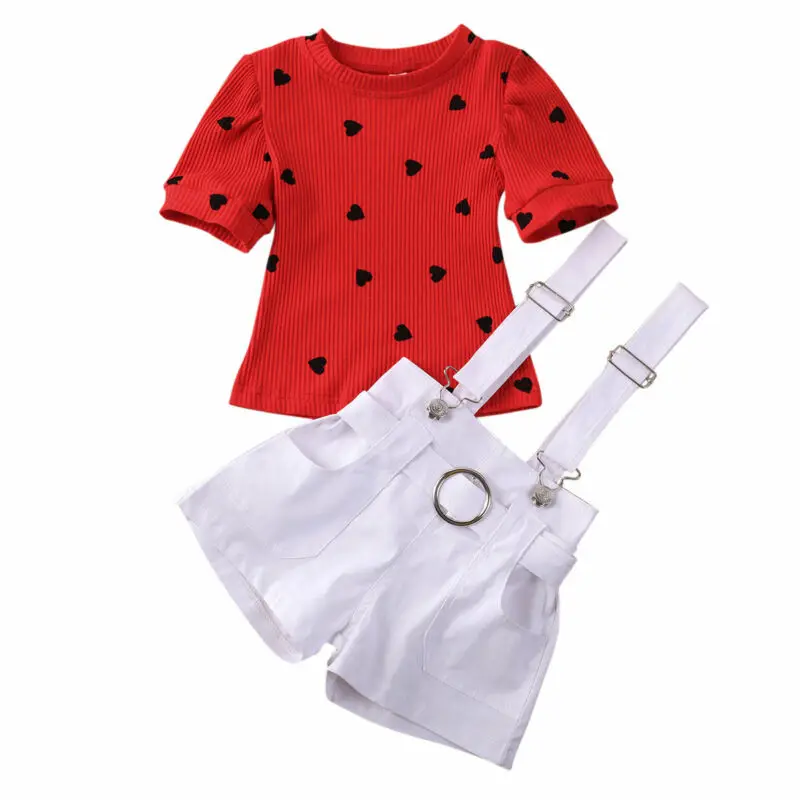 1-6Y Valentine Day Toddler Kid Baby Girl Heart Short Sleeve Tops T-shirt Bib Suspender Shorts Pants 2Pcs Set Clothes Outfit |
