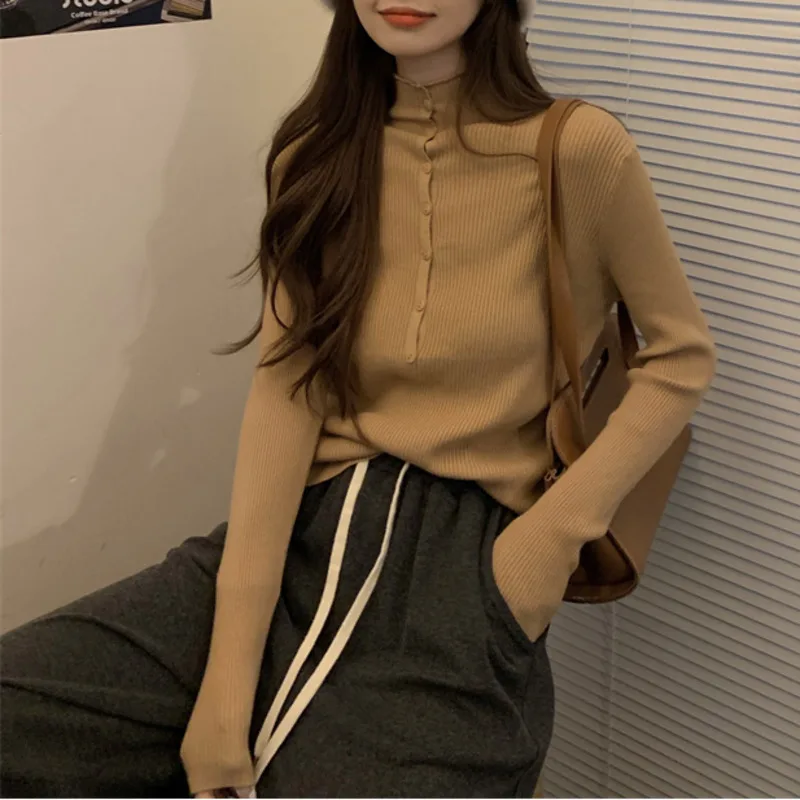 

Полувысокий воротник тонкий, с нижней рубашкой, однотонная трикотажная одежда, осень-зима, Маленькая женская одежда