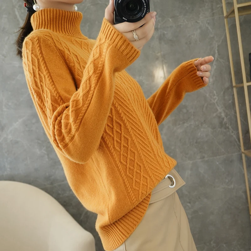 

women thick turtleneck sweater knitted winter natural wool pullover full sleeves turn down collar casual short female sweater