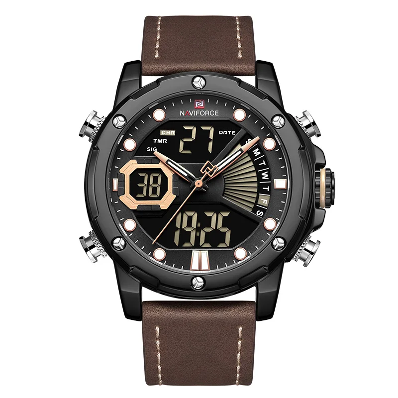 Black Yellow Мужские часы NAVIFORCE модные спортивные кварцевые часы мужские кожаные водонепроницаемые наручные часы светодиодный Аналоговый Цифровой Часы Relogio Masculino - Цвет: Black Yellow