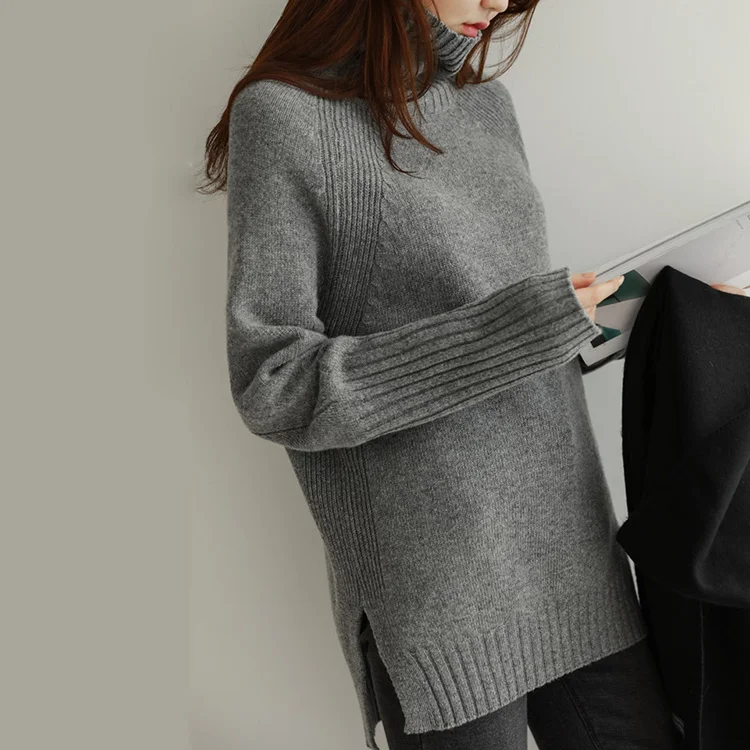 

Autumn and winter new pure cashmere sweater women's high neck thickened irregular split sweater loose knitted bottomed sweater