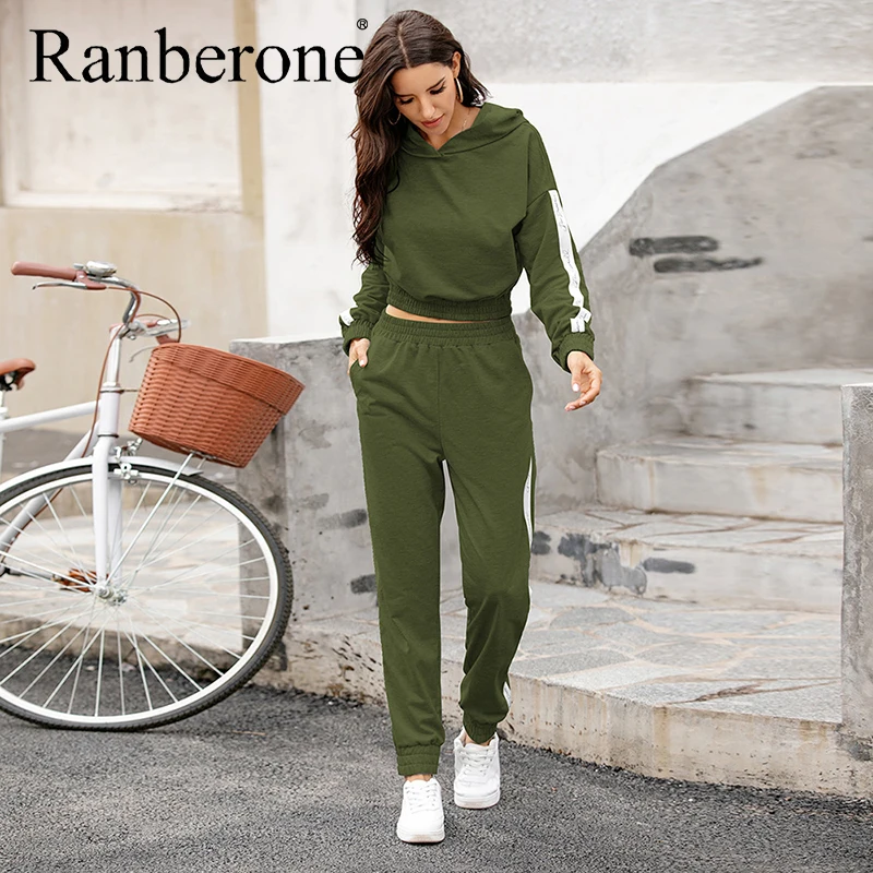 Ranberone Sport Suit Female Hooded Two Piece Set Crop Top And Pants Tracksuit Women Patchwork Suit Jogging Sport Matching Sets