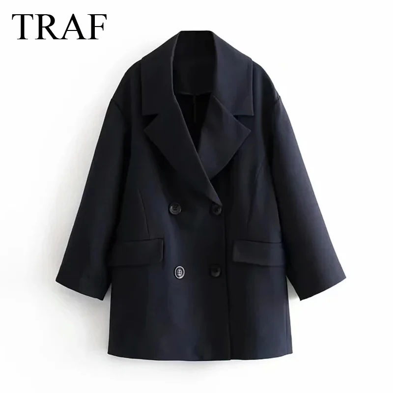 

TRAF ZA Blazers Fashion Double Breasted Loose Jackets Vintage Long Sleeve Pockets Female Outerwear Simple Blazers Office Wear