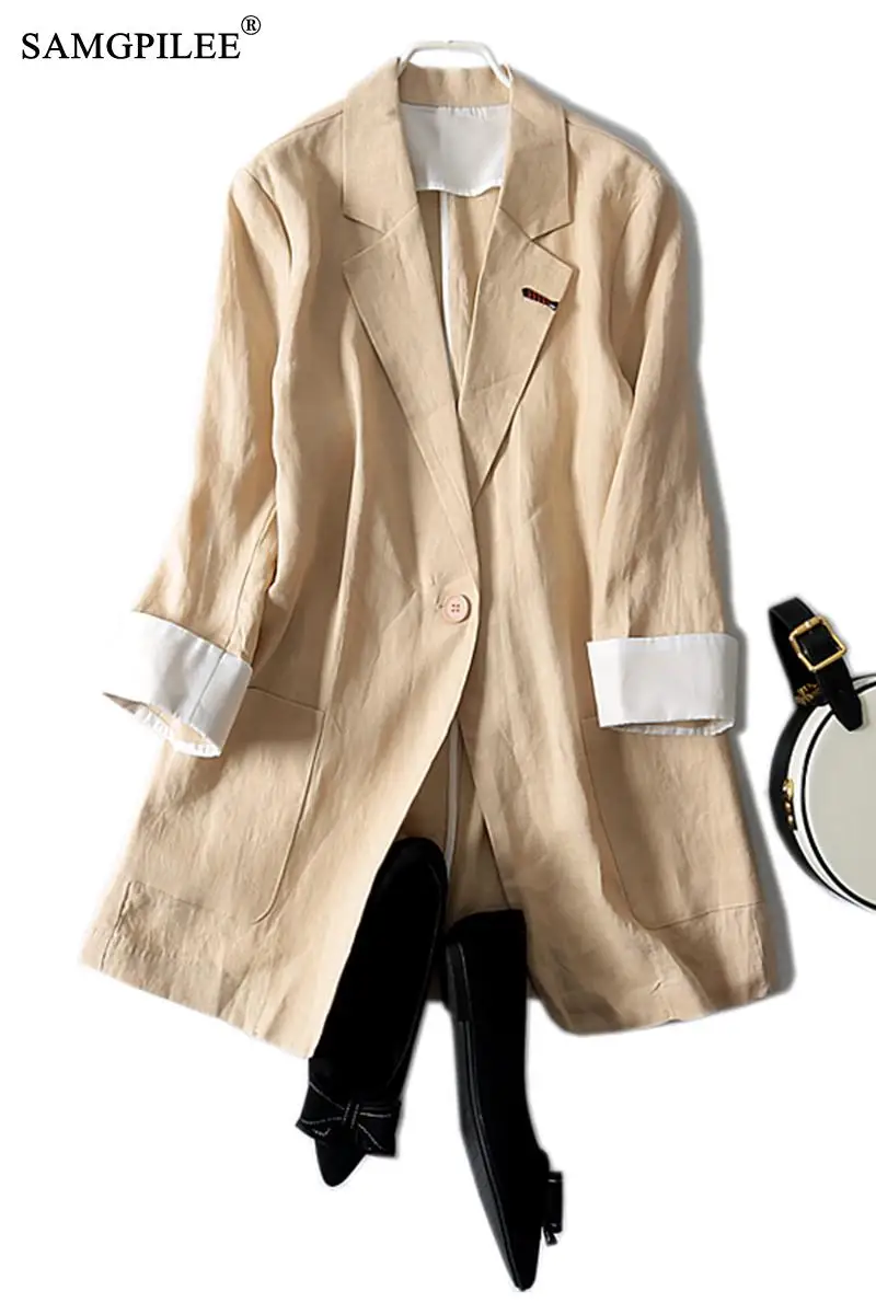 

Blazer 2021 Thin Three Quarter Sleeve Cotton Linen Suit Women Spring And Autumn Single Button Casual Plus Size Woman Jacket 4XL