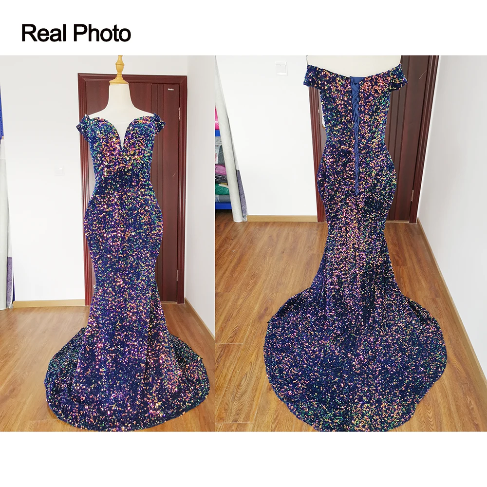 

Noble Off The Shoulder Evening Dresses 2020 Fashion Bling Bling Sequins With Train Mermaid Dress The Party Prom Evening Gown