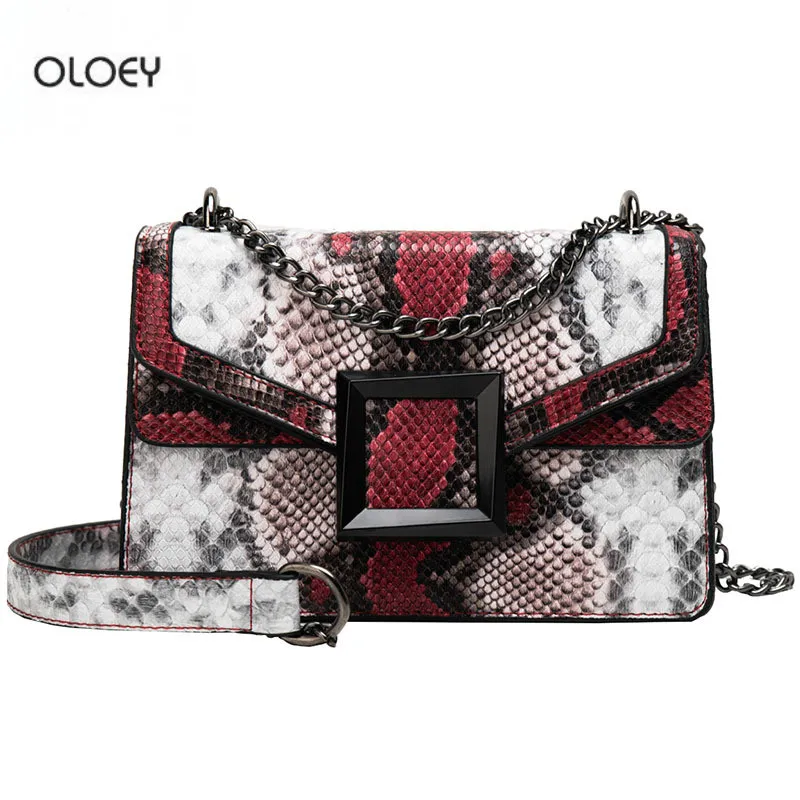 

OLOEY New women's chain shoulder bag Snake color contrast small square bag Casual fashion square buckle Messenger bag