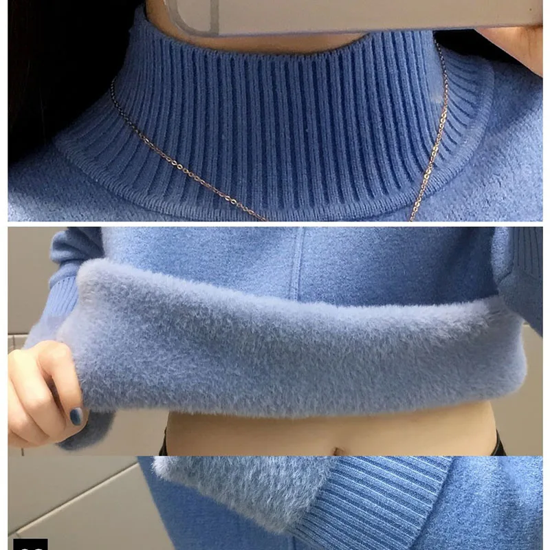 

Turtleneck Sweater Women Winter Warm Thick Velvet Winter Female Sweater Knitting Pullovers 2021 New Womens Jumper Tops OK440