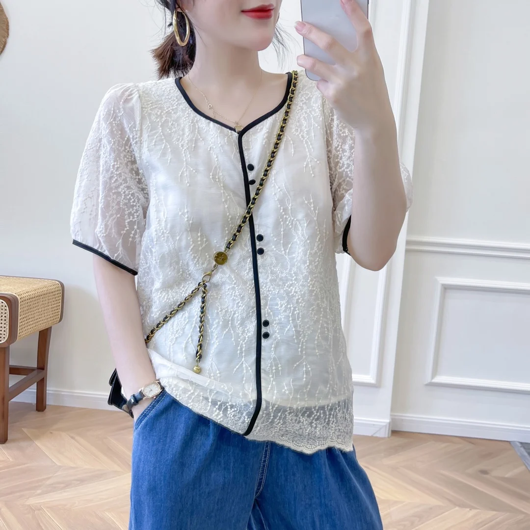 

2021 summer new jacquard embroidery hit color crochet all-match chiffon shirt