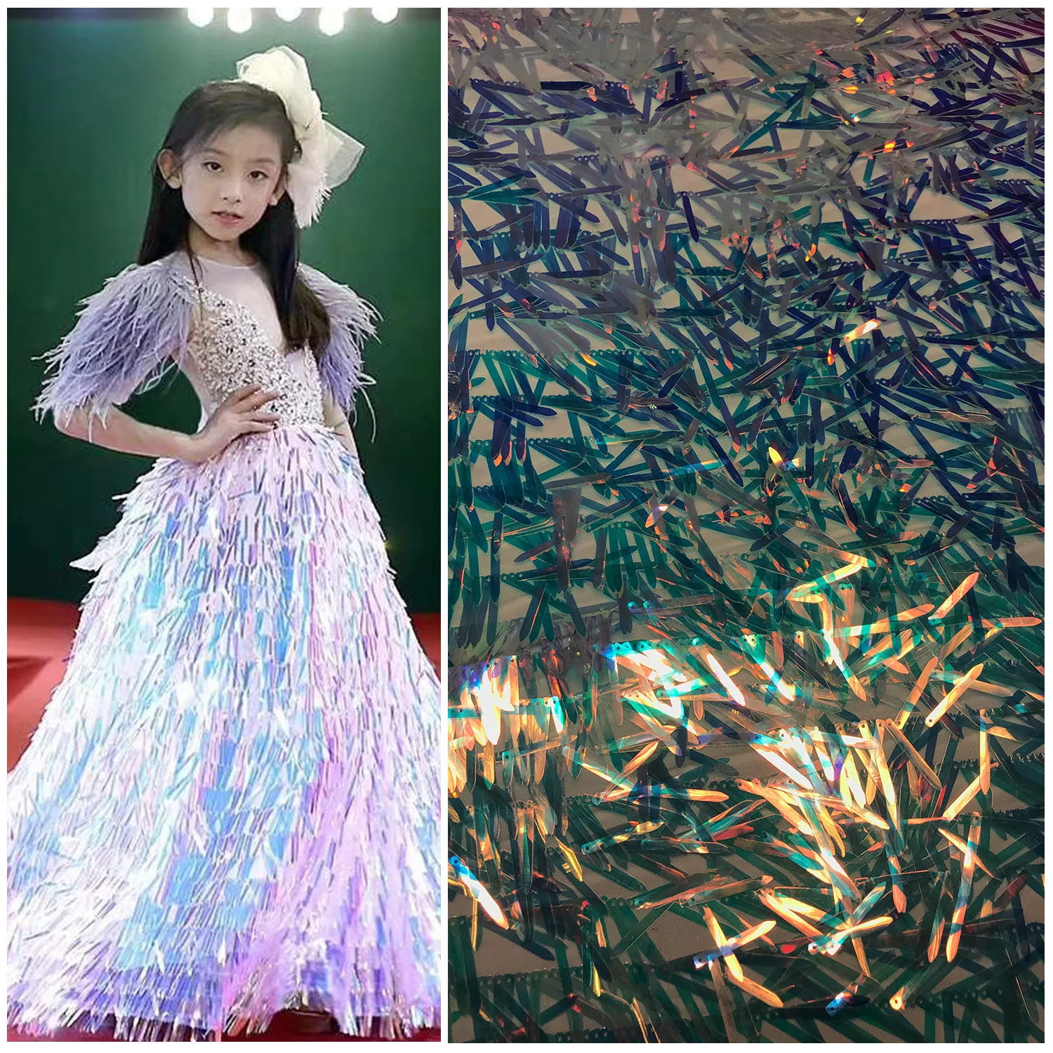 

Luxury Long Arrow-shaped PET Sequin Mesh Embroidered Fabric Dress Material Shiny Sequins Fabric 1 Yard