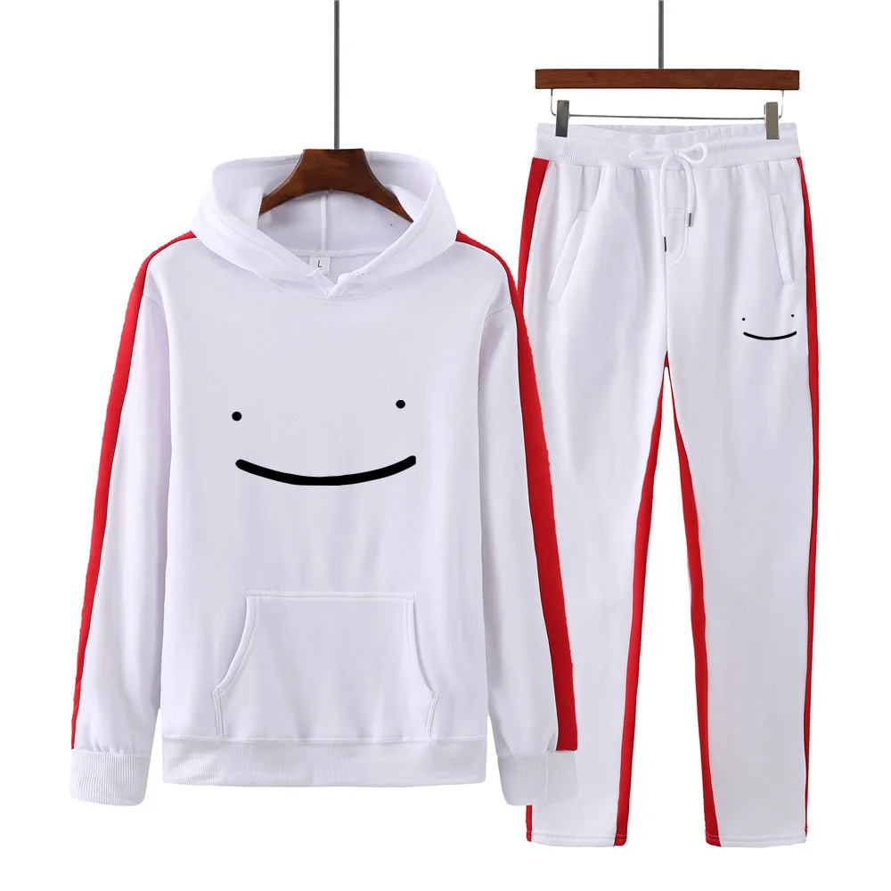 

Autumn Winter Men's Women's Two-piece Casual Sportswear Fleece Pocket Smiling Face Striped Couple Hooded Pullover Sports Suit