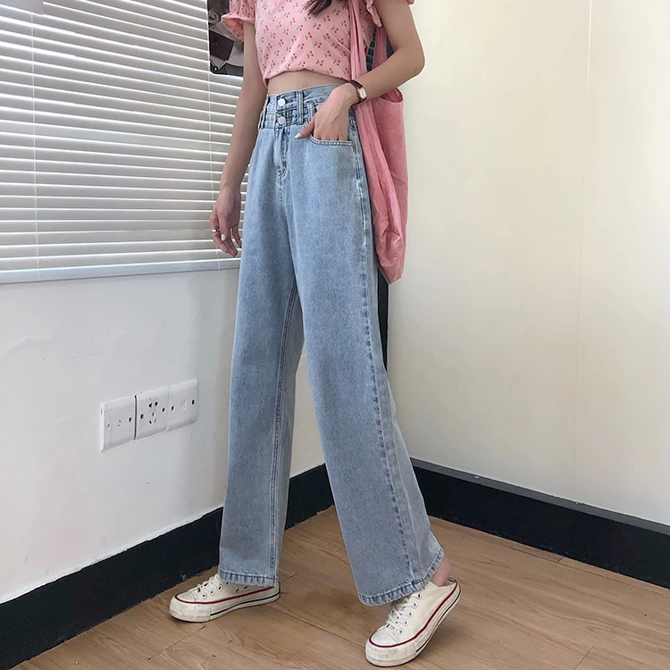 

S-XL summer korean preppy style loose women long denim pants double buttons high waist straight jeans for womens (78376)