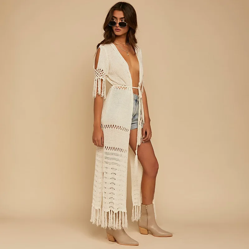 Fringed knit cardigan tie braid belt long beach jacket swimsuit coverall sun protection clothing women mesh cover up beach dress