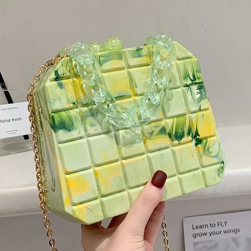 

Plaid Mini Tote Box Bag 2021 Summer New High-quality Acrylic Women's Designer Handbag Luxury Brand Square Shoulder Messenger Bag