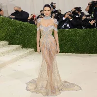 Classic Kendall Jenner Long Crystals Celebrity Dresses Mermaid Tulle Beaded Red Carpet Dress Evening Gown Robes De Soirée